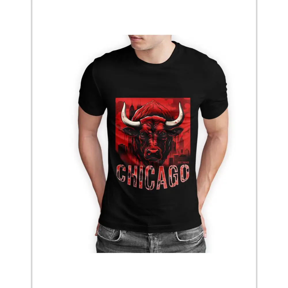 Black half sleeve t-shirt with red bull graphic and Chicago text for stylish comfort
