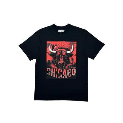 Chicago Half Sleeve Black T-shirt with Red Bull Graphic and Chicago Text Design