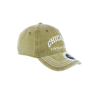 Olive green distressed Chicago Original Cotton Buckle Hat with vintage embroidery