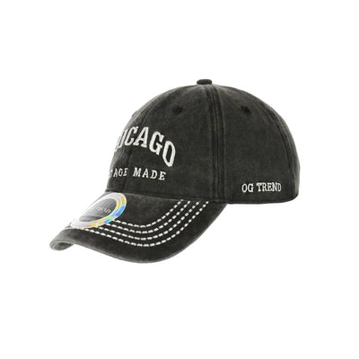 Black distressed Chicago Original Cotton buckle hat with embroidered text