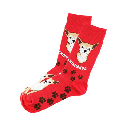 Bright red Chihuahua socks unisex featuring fun dog designs and paw prints