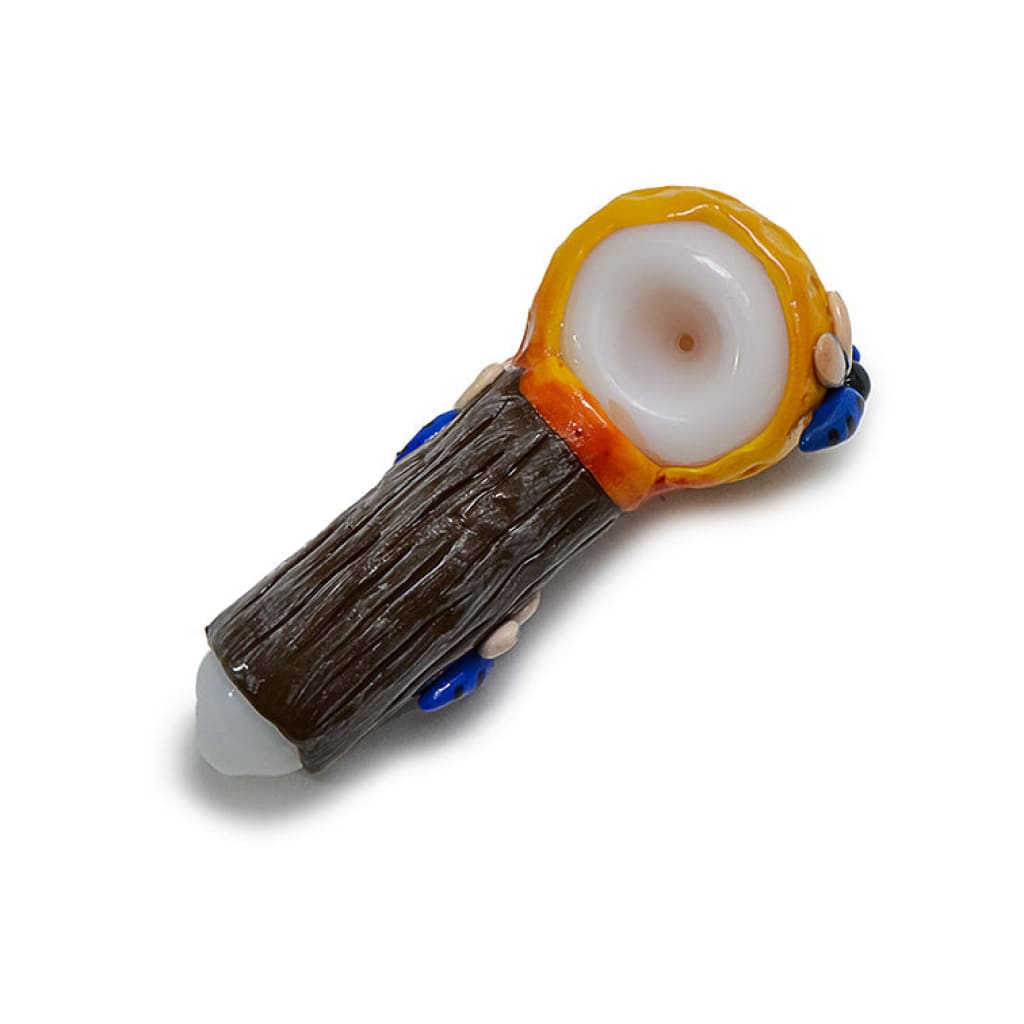 Glass pipe with clay honeycomb handpipe, glass core, bee design, yellow and white bowl