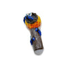 Decorative glass pipe with a colorful bird, part of Clay Honeycomb Handpipe With Glass Core