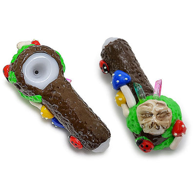 Whimsical log-shaped Smoking Pipes featuring Clay Ladybug Mushroom Crystals design