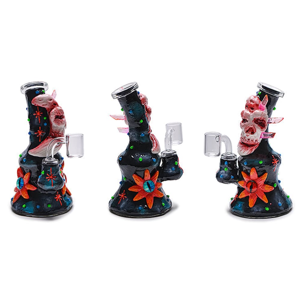 Colorful skull and floral glass water pipes - Clay Monster Moon Dab Rig - Glowing Alien Wonder
