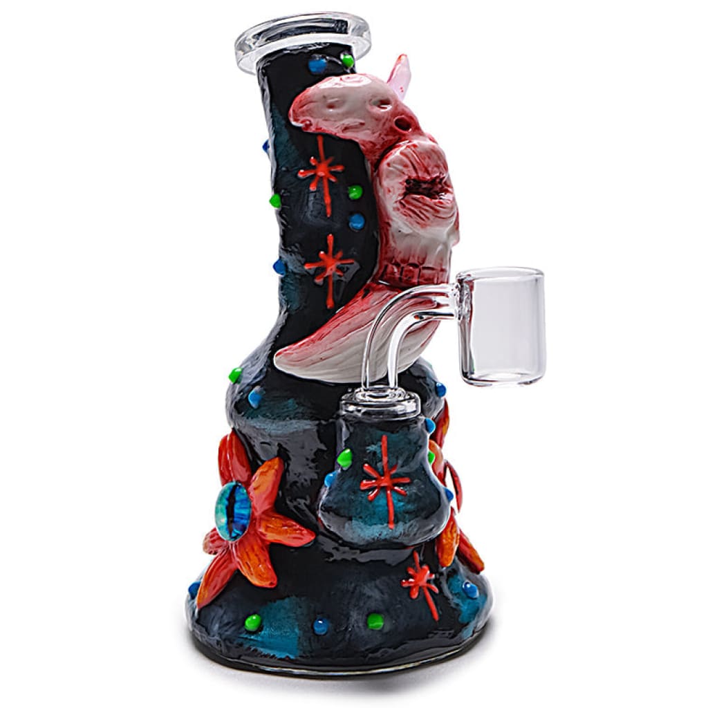 Colorful clay dab rig with a demonic figure and floral designs - Clay Monster Moon Rig