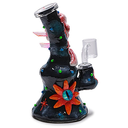 Clay Monster Moon Dab Rig with floral designs and polka dots - Glowing Alien Wonder