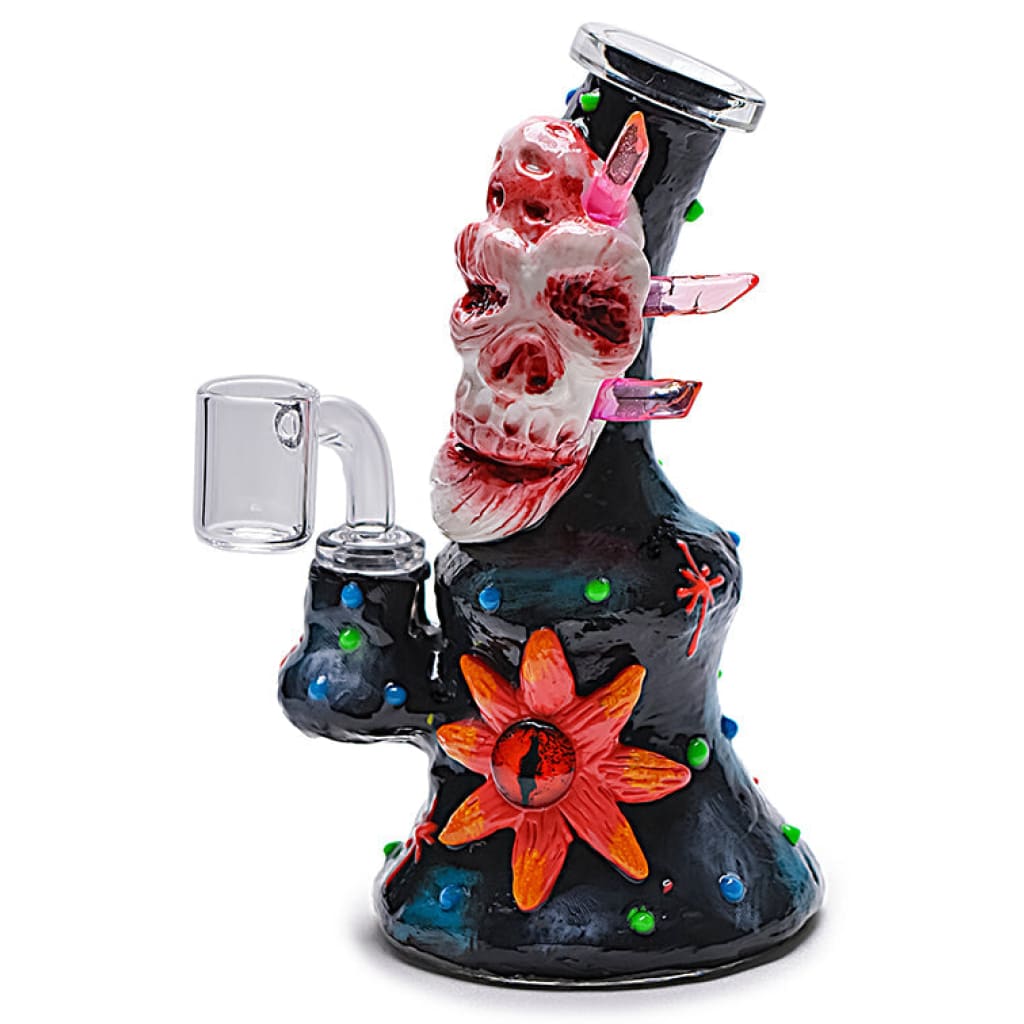 Clay Monster Moon Dab Rig: Skull-Shaped, Floral Glass Bong - Glowing Alien Wonder