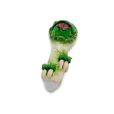 Glass Monster Teeth Handpipe with green leaf and spider web designs for spooky sessions