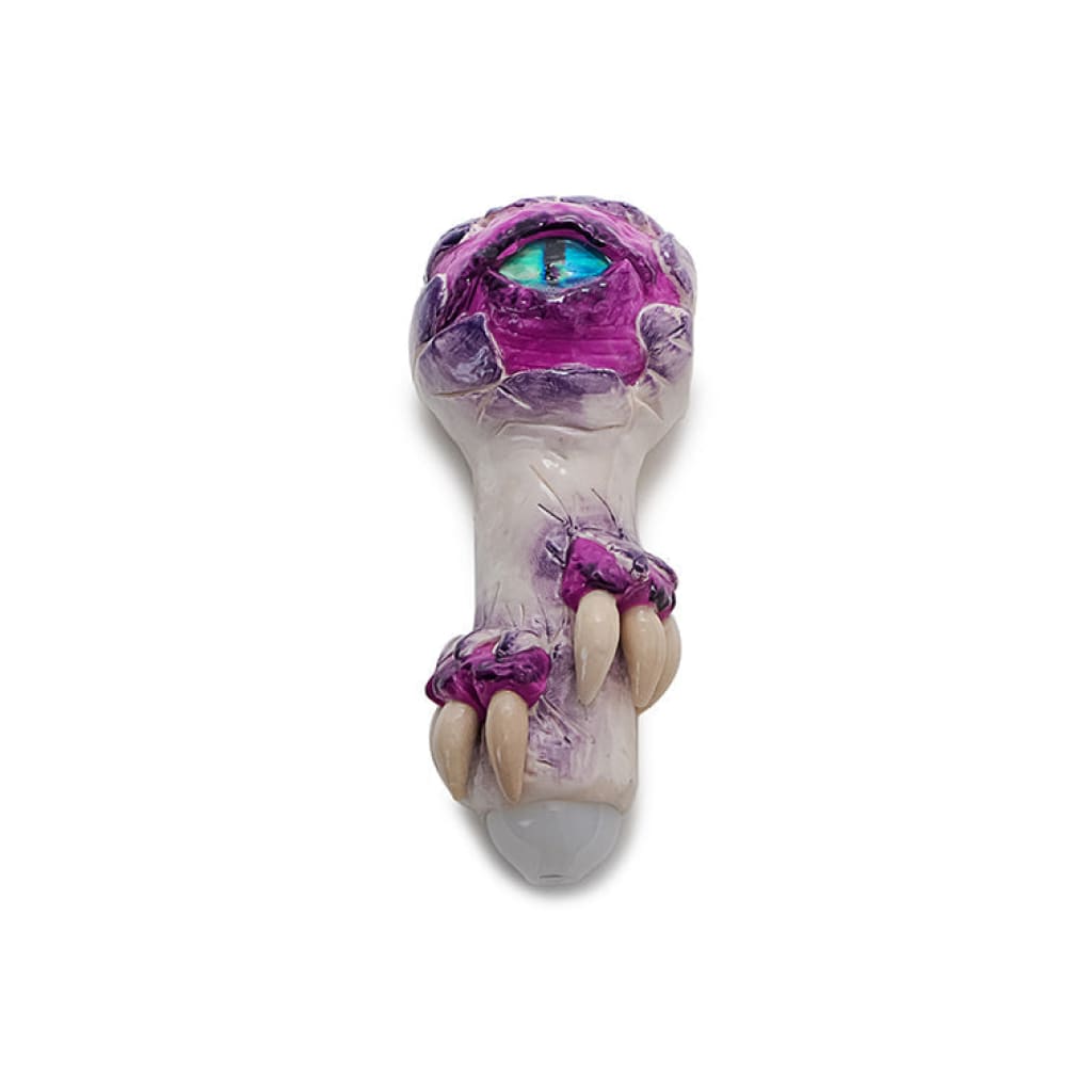 Glass Monster Teeth Handpipe featuring purple accents and claw-like details for smoking