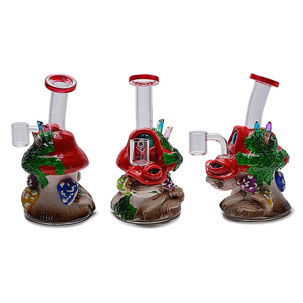Glow-in-the-dark clay mushroom water pipe with colorful glass and decorative elements