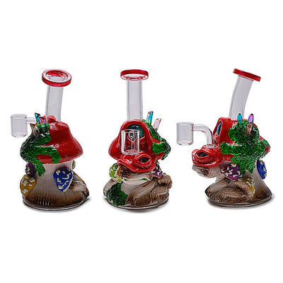 Glow-in-the-dark clay mushroom water pipe with colorful glass and decorative elements