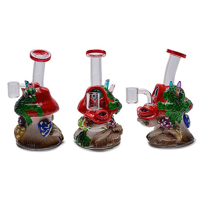 Glow-in-the-dark clay mushroom water pipe with colorful glass and decorative elements
