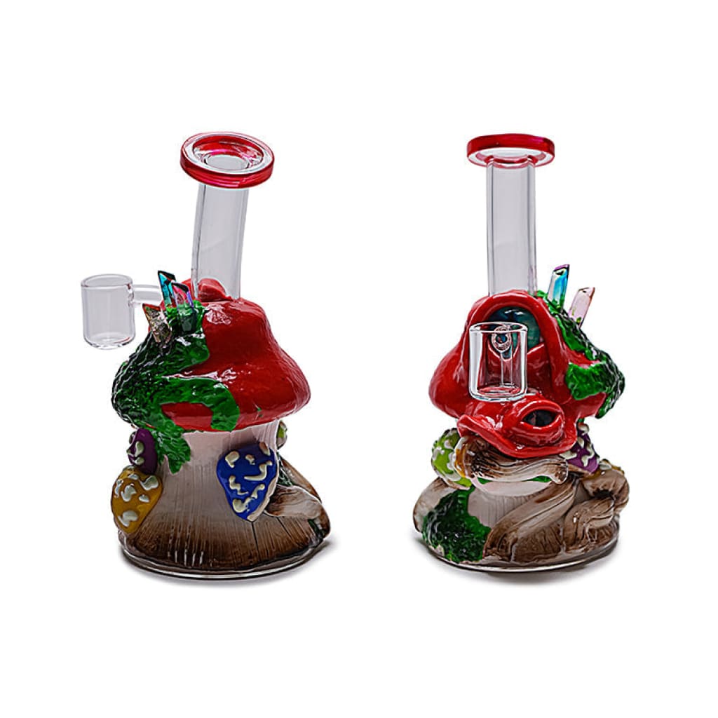 Intricately detailed colorful clay mushroom water pipes shaped like fantasy houses