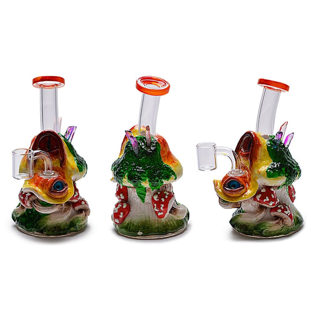 Glow-in-the-dark clay mushroom rig: Colorful glass pipes shaped like whimsical creatures