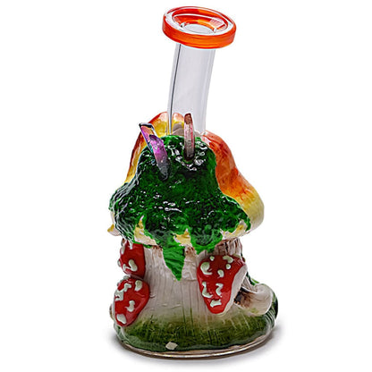 Glow-in-the-dark clay mushroom water pipe: a colorful glass bong with green cap and red spots