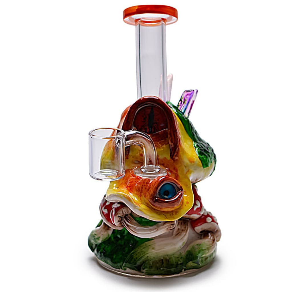 Colorful fish-shaped clay mushroom rig, glow-in-the-dark, whimsical glass water pipe