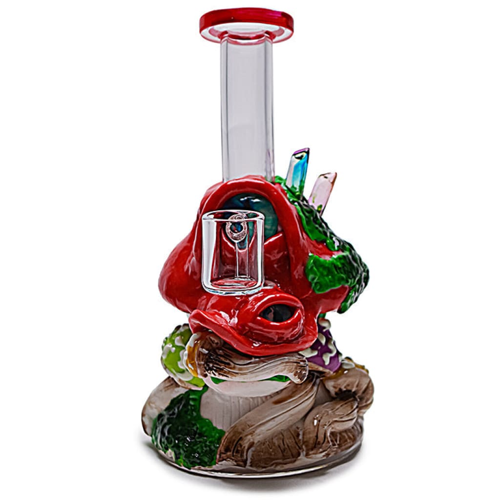 Colorful glow-in-the-dark clay mushroom water pipe shaped like a whimsical toadstool