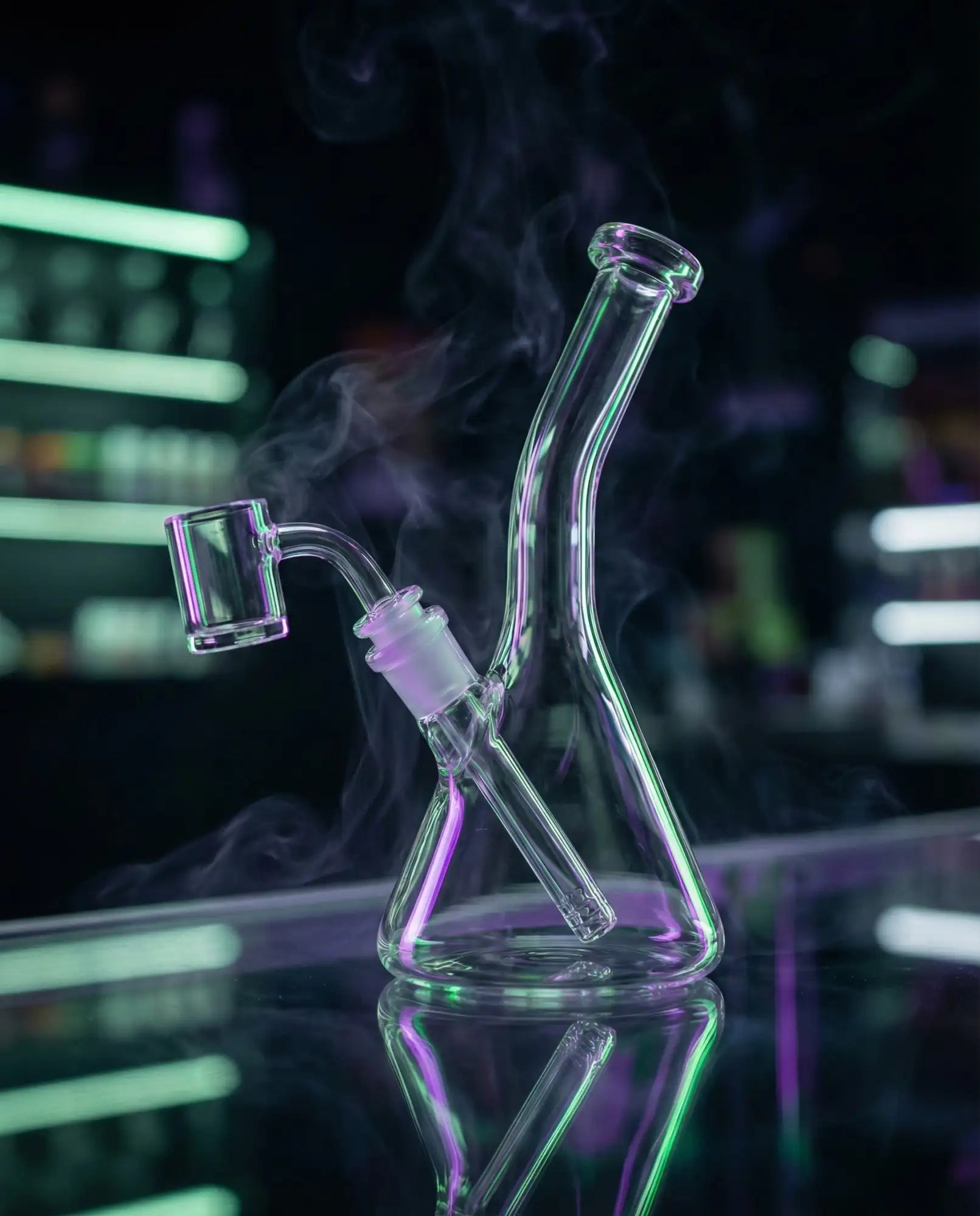 Clear glass bong with a curved neck and a rectangular bowl, emitting smoke against neon-lit background.