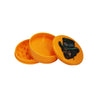 Orange plastic herb grinder with decorative dog lid, perfect por display with glass hand pipe