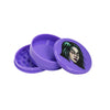 Purple plastic herb grinder with an artistic portrait on the lid - perfect for glass hand pipe fans