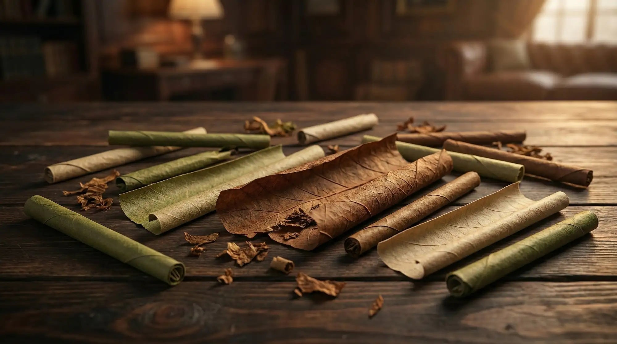 A collection of rolled tobacco leaves in varying shades of green and brown, some partially unrolled to reveal their textured surfaces.