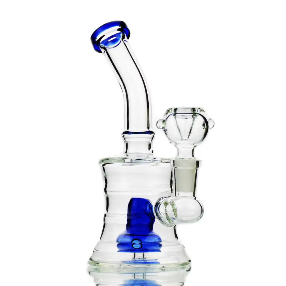 Blue-accented glass water pipe with shower perc and 14mm male bowl for smooth smoking