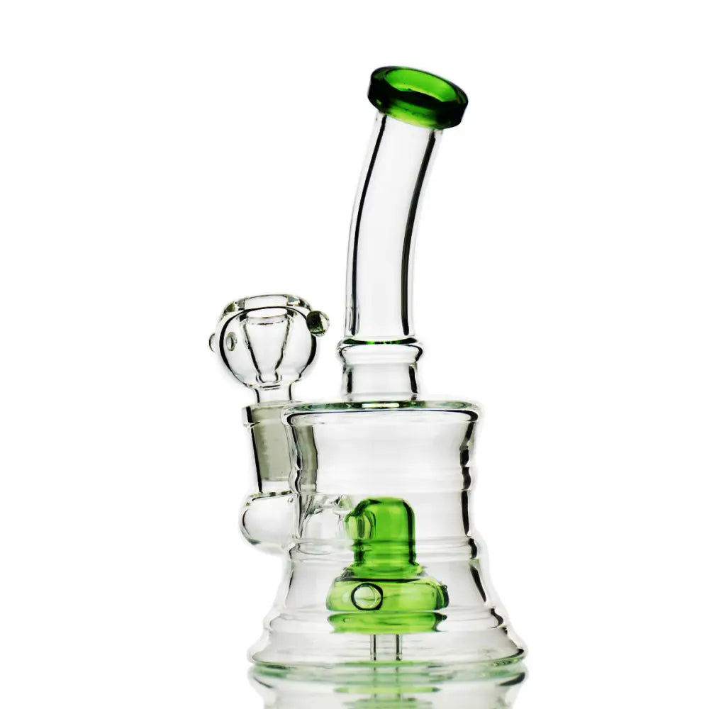 Clear glass bong with green accents featuring 14mm male connector and shower perc