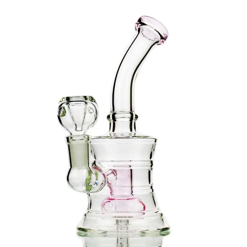Clear glass water pipe with pink accents featuring shower perc and 14mm male bowl