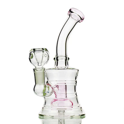 Clear glass water pipe with pink accents featuring shower perc and 14mm male bowl