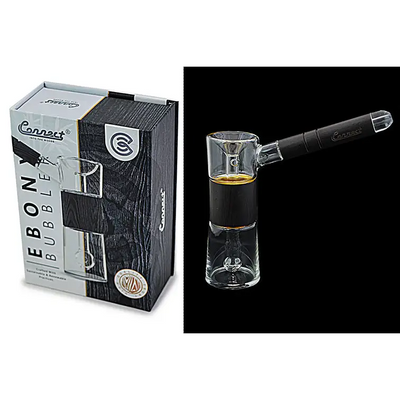 Glass and black smoking pipe with packaging from Connect Wood Collection Natural Wood Bubbler