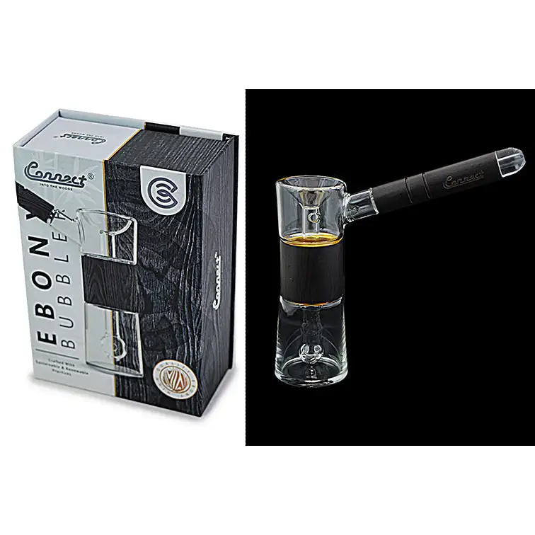 Glass and black smoking pipe with packaging from Connect Wood Collection Natural Wood Bubbler