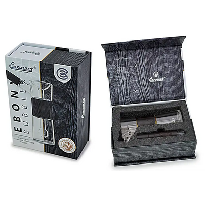 Ebony bubble pipe set in packaging from Connect Wood Collection with hand-blown glass