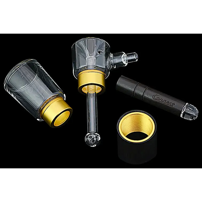 Disassembled Connect Wood Collection hand-blown glass and metal smoking device