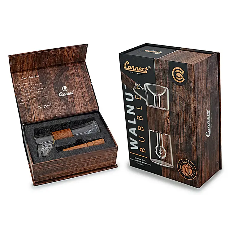 Walnut bubble pipe set from Connect Wood Collection with hand-blown glass design