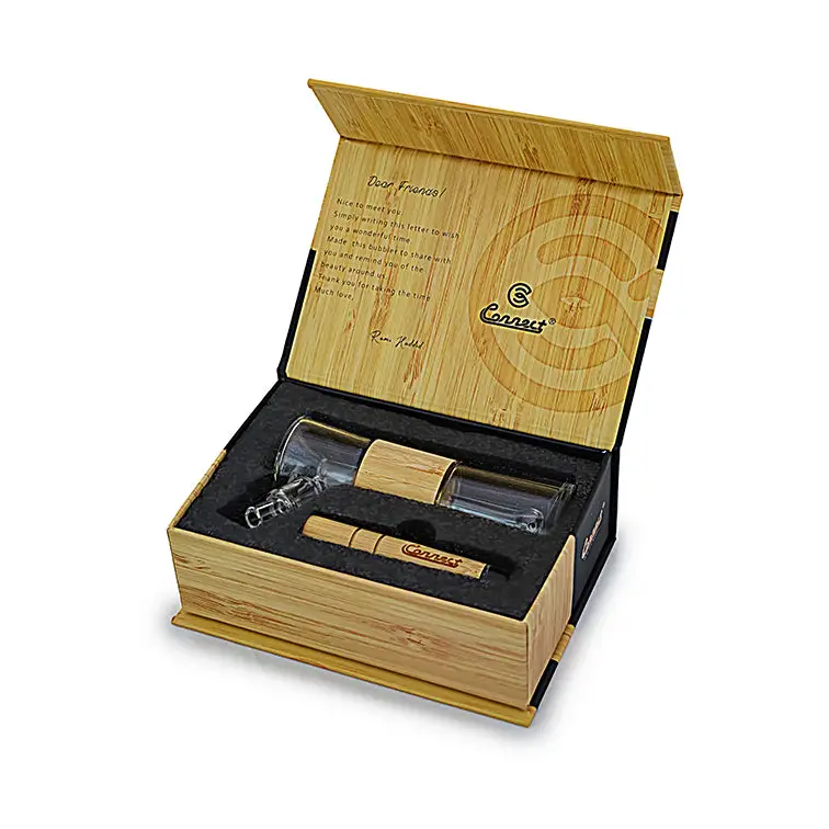 Bamboo gift box with hand-blown glass accessories from Connect Wood Collection