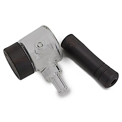 Glass dab rig with black mouthpiece next to Connect Natural Wood Spoon Pipe for Eco-conscious Collectors