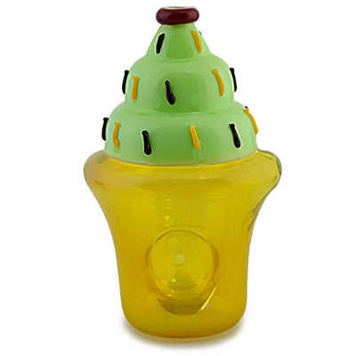 Colorful toy-like glassy smoking pipe for an icy sesh with green top and yellow base