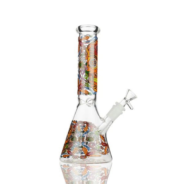 10-inch Day of the Dead beaker water pipe with colorful paisley glass