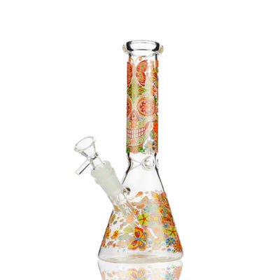 10-inch Day of the Dead beaker water pipe with vibrant floral sugar skull art