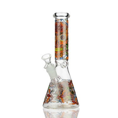10-inch Day of the Dead beaker water pipe with colorful sugar skull and butterfly motifs