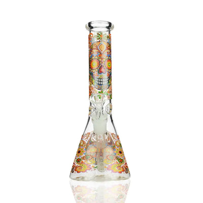 Day of the Dead 10-inch beaker water pipe with colorful sugar skull design