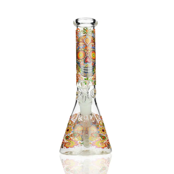 Day of the Dead 10-inch beaker water pipe with colorful sugar skull design