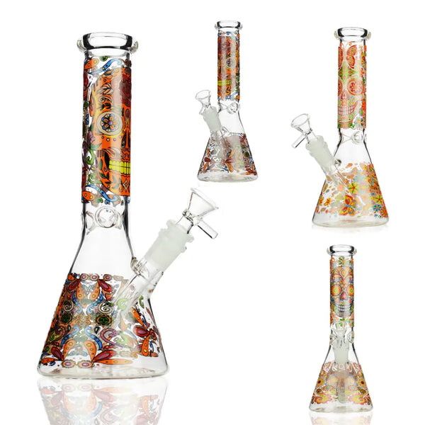 10-inch Day of the Dead beaker water pipe with skull floral designs