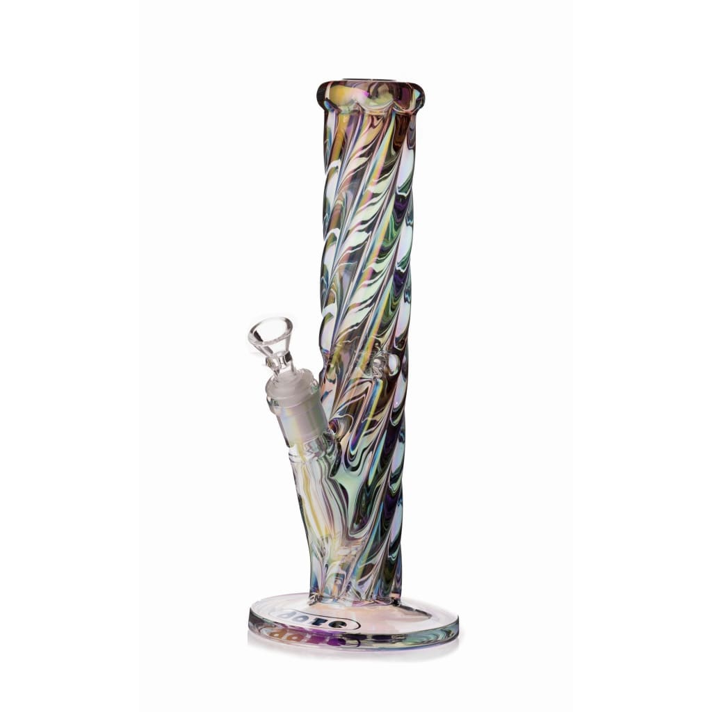 Iridescent Rainbow Spiral Glass Water Pipe with swirling multicolored patterns