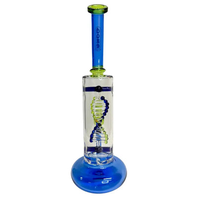 Blue clear glass water pipe with DNA helix design featuring Daze Glass turbine perc glass