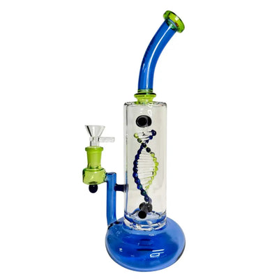 Blue and green glass bong with turbine perc for smooth hits from Daze Glass