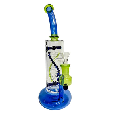 Blue and green glass bong with turbine perc from Daze Glass for smooth hits