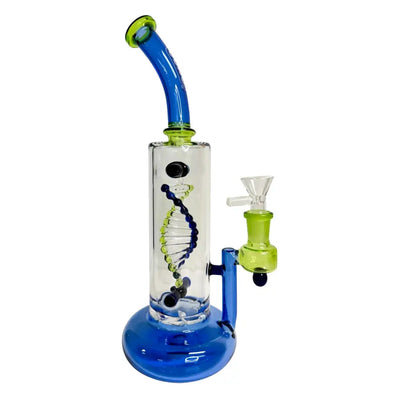Blue and green glass bong with turbine perc from Daze Glass for smooth hits