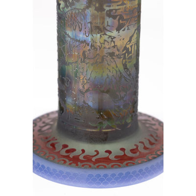 Iridescent Daze Glass Sidecar Asian Art vase with etched designs